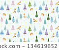 Watercolor style cute winter landscape fox and tree pattern 134619652