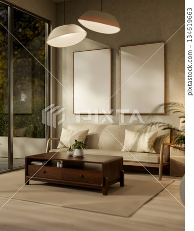 Blank frame on living room wall hanging over sofa and wooden table on parquet floor under lamp light Blank frame on living room wall hanging over sofa and wooden table on parquet floor under lamp light 134619663