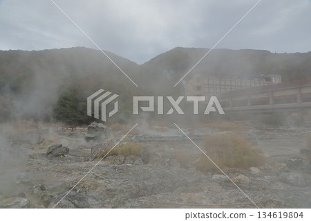 The misty scenery of Unzen Jigoku, with steam rising from the ground 134619804
