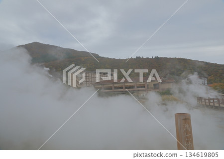 雲仙地獄清七地獄的景象,整個區域都被白色蒸氣籠罩。 雲仙地獄清七地獄的景象,整個區域都被白色蒸氣籠罩。 134619805