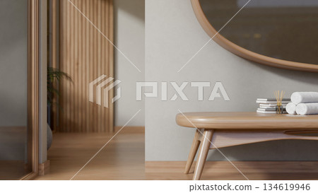 Close up of a bench or table with towels and diffuser on wooden floor corridor at spa massage shop. Close up of a bench or table with towels and diffuser on wooden floor corridor at spa massage shop. 134619946