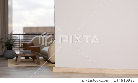 White wall of a living room with glass top wooden table and leather sofa on carpet with wide terrace White wall of a living room with glass top wooden table and leather sofa on carpet with wide terrace 134619953