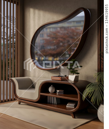 Garden view through water drop shape window on the wall over a multi function bookshelf table chair. Garden view through water drop shape window on the wall over a multi function bookshelf table chair. 134619955