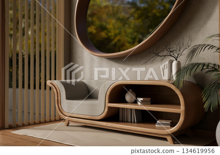 Garden view oval shape window on wall over multifunction wood bookshelf table chair near glass door Garden view oval shape window on wall over multifunction wood bookshelf table chair near glass door 134619956