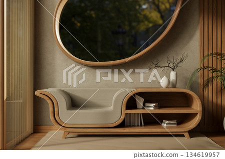 Oval shape window on living room wall over a multi function bookshelf table armchair on wooden floor Oval shape window on living room wall over a multi function bookshelf table armchair on wooden floor 134619957