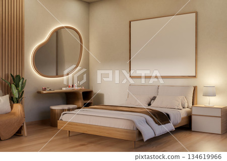 Blank frame over headboard and Irregular odd shape led mirror over wooden table in a cosy bedroom. Blank frame over headboard and Irregular odd shape led mirror over wooden table in a cosy bedroom. 134619966