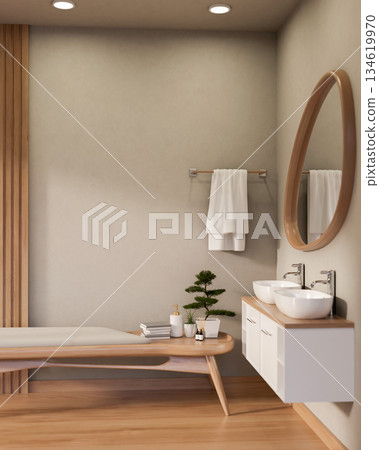 Spa essentials with bonsai atop wooden cushion bench or table in bathroom with odd shape mirror. Spa essentials with bonsai atop wooden cushion bench or table in bathroom with odd shape mirror. 134619970