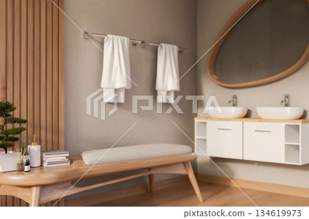 Books and spa essentials with bonsai pot on wooden bench or table in bathroom with odd shape mirror. Books and spa essentials with bonsai pot on wooden bench or table in bathroom with odd shape mirror. 134619973