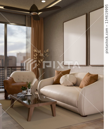 A wooden table with leather sofa and armchair under ceiling fan and blank frame on wall living room. 134619995