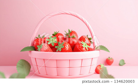 Pink basket filled with fresh strawberries on pastel pink background creates vibrant and cheerful scene Pink basket filled with fresh strawberries on pastel pink background creates vibrant and cheerful scene 134620003