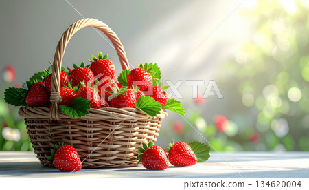 Wicker basket filled with fresh strawberries sits on sunlit table, surrounded by lush greenery 134620004