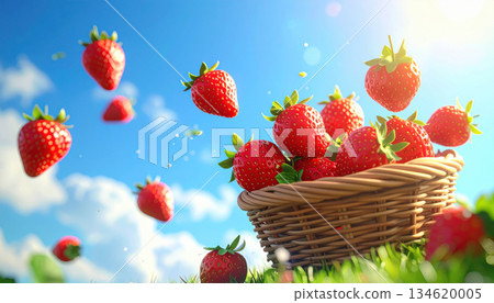 Fresh strawberries in wicker basket under sunny blue sky, with some strawberries floating in air 134620005