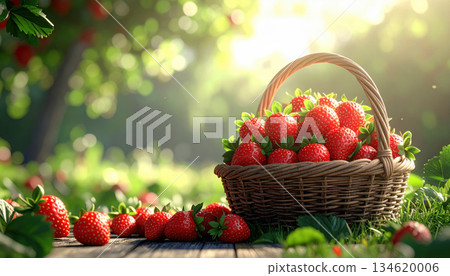 Basket filled with ripe strawberries sits on wooden surface in sunlit garden, evoking sense of freshness and abundance 134620006