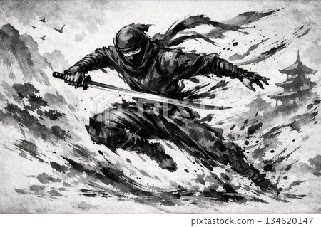 由人工智慧生成的動態忍者水墨畫風格插畫 134620147
