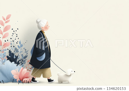 老婦人遛狗 | 平靜的日常生活與健康老年生活的寫照 134620153