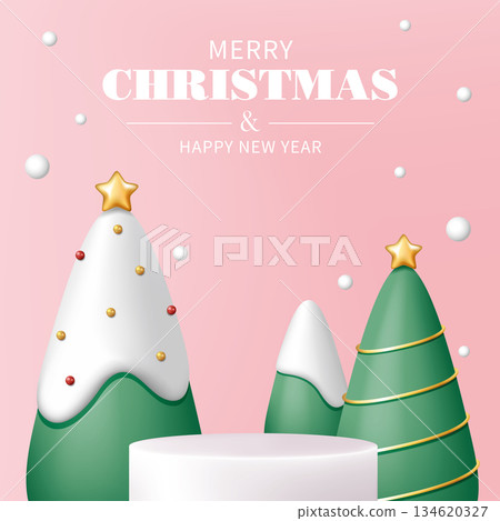 3D聖誕樹、裝飾品和圓形商品展示平台，聖誕節橫幅廣告海報宣傳單素材圖片 134620327