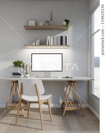 White screen computer with books and a wooden figure aside on white table in a clean bright room. White screen computer with books and a wooden figure aside on white table in a clean bright room. 134620336