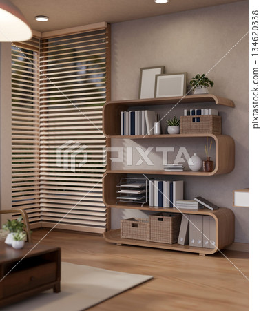 Unique design bookshelf or display shelf under lamp light and wooden table on carpet in living room. Unique design bookshelf or display shelf under lamp light and wooden table on carpet in living room. 134620338
