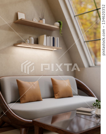 Wooden sofa with cushions under hanging bookshelf and sloped roof window with garden scenery outside 134620352