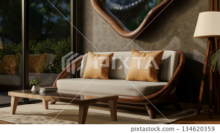 Wooden cushion sofa under garden view irregular shape window on living room wall with lamp on carpet 134620359