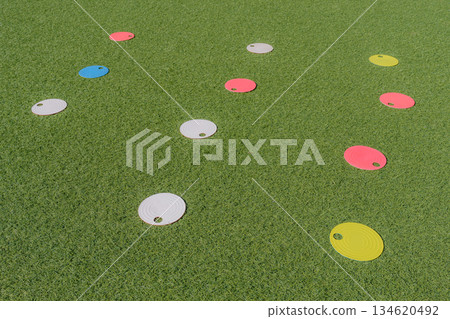 Markers placed on artificial turf Markers placed on artificial turf 134620492