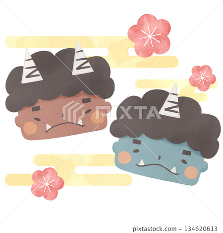Watercolor illustration of red and blue demons (Setsubun) 134620613
