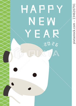 New Year's Card 2026 - A close-up of a Hakuba (White Horse) - Light Blue and Yellow-Green New Year's Card 2026 - A close-up of a Hakuba (White Horse) - Light Blue and Yellow-Green 134620791