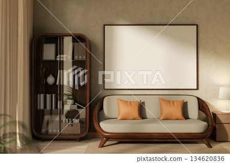 Empty blank frame hanging over a wooden sofa or armchair next to glass door cabinet in living room. Empty blank frame hanging over a wooden sofa or armchair next to glass door cabinet in living room. 134620836