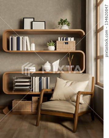 Wooden armchair with cushion in front of a unique design bookshelf or display shelf in a living room Wooden armchair with cushion in front of a unique design bookshelf or display shelf in a living room 134620847