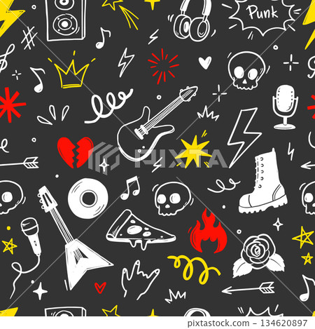 Rock music seamless pattern with guitar, skull, punk symbols. Hand drawn doodle scribbles stickers with stars, roses and love heart for rock music background, tattoo design. Vector Rock music seamless pattern with guitar, skull, punk symbols. Hand drawn doodle scribbles stickers with stars, roses and love heart for rock music background, tattoo design. Vector 134620897