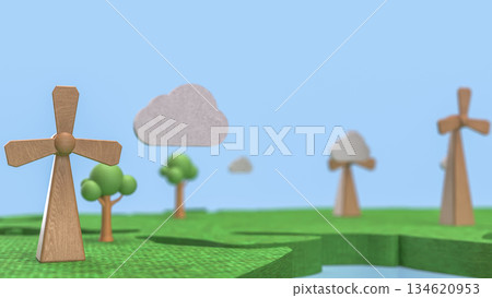 Renewable Energy Landscape with Wooden Wind Turbines 3d render. Renewable Energy Landscape with Wooden Wind Turbines 3d render. 134620953