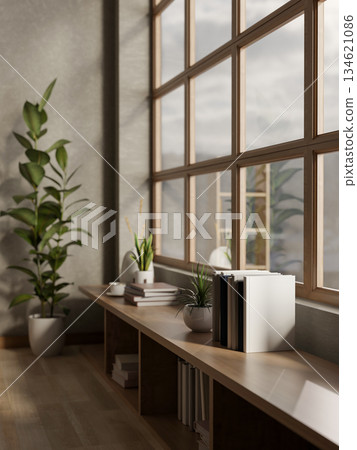 Books and coffee with pot plants on wooden bookshelf counter under glass wall of living room or cafe 134621086