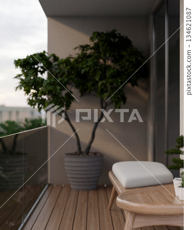 Wooden spa massage bed on house's terrace or balcony with parquet floor and glass railing partition. Wooden spa massage bed on house's terrace or balcony with parquet floor and glass railing partition. 134621087