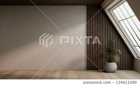 Green plant in stone pot on parquet floor under roof window at room corner aside wooden slats wall. Green plant in stone pot on parquet floor under roof window at room corner aside wooden slats wall. 134621090