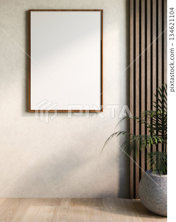 Blank frame on wooden slat wall and green plant in stone pot at room corner with sunlight shine upon 134621104