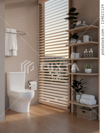 Toilet and paper under a towel hanging rack with wooden display shelf in a modern stylish bathroom.. 134621124