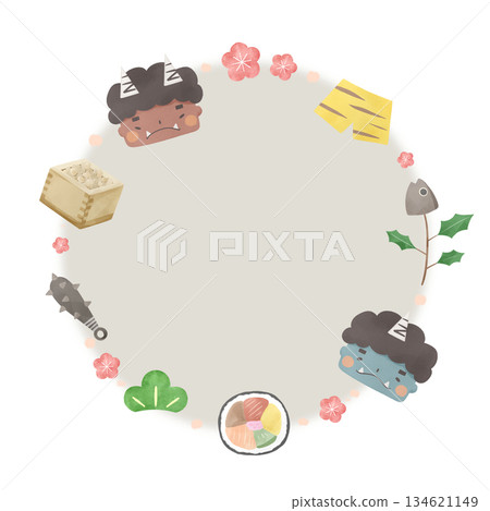 水彩節分邊框插圖（惡魔、豆子、江戶捲、冬青沙丁魚） 134621149