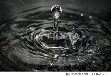 macro capture of a water droplet rising from a narrow column, forming concentric ripples on a dark, reflective surface. Ideal for science, nature, and beautiful visuals macro capture of a water droplet rising from a narrow column, forming concentric ripples on a dark, reflective surface. Ideal for science, nature, and beautiful visuals 134621280