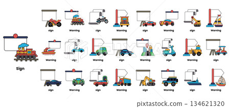 A collection of cartoon vehicles with the word sign on the left A collection of cartoon vehicles with the word sign on the left 134621320