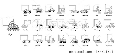 A series of black and white drawings of vehicles and signs A series of black and white drawings of vehicles and signs 134621321
