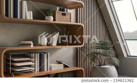 Books and file folders with decorative item on creative wooden display shelf in office or attic room 134621362