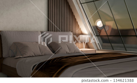 Dim lit modern bedroom with pillows and blanket under lamp light on side table and large roof window Dim lit modern bedroom with pillows and blanket under lamp light on side table and large roof window 134621388