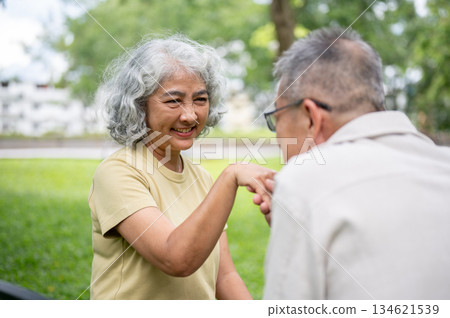 Close up of old woman smiling at old man holding or kissing her hand while sitting together in park. 134621539