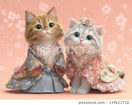 Cute cat dolls dressed in Hinamatsuri costumes 134621718