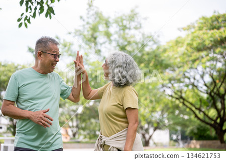 Glasses old man and old woman clapping hands or high five after exercise or workout together in park 134621753