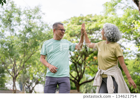 Glasses old man and woman clapping the hands or high five after exercise or workout together in park Glasses old man and woman clapping the hands or high five after exercise or workout together in park 134621754