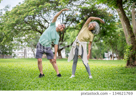 Glasses old man and old woman smiling while standing and warming up together on grass lawn in park. Glasses old man and old woman smiling while standing and warming up together on grass lawn in park. 134621769