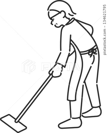 Illustration of a woman in her 40s cleaning the floor (line drawing only) 134621795
