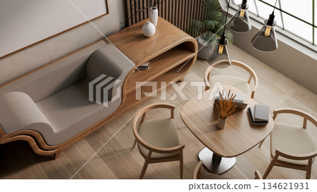 Top view of living room with lamps above wooden table and chairs set aside multifunctional armchair. 134621931