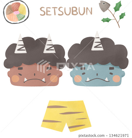 水彩節分背景圖（紅鬼、藍鬼、江戶卷、沙丁魚、鬼褲） 134621971